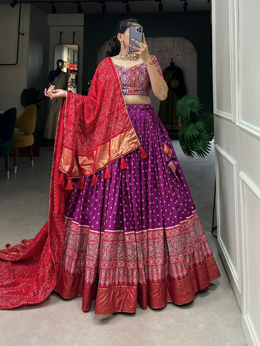 Purple-Red Bandhani Print Chaniya Choli