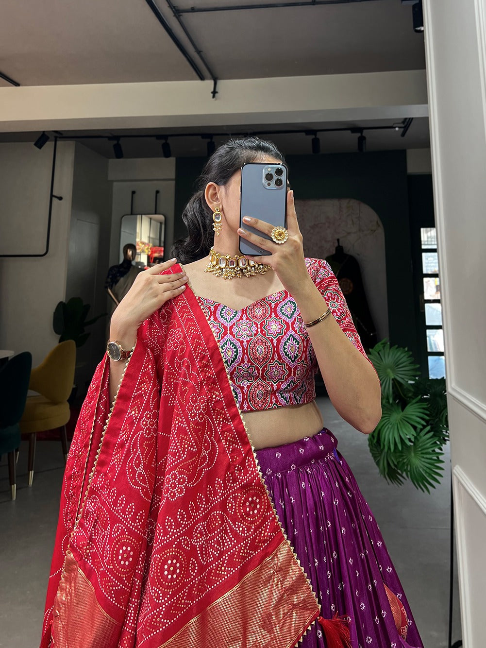 Purple-Red Bandhani Print Chaniya Choli