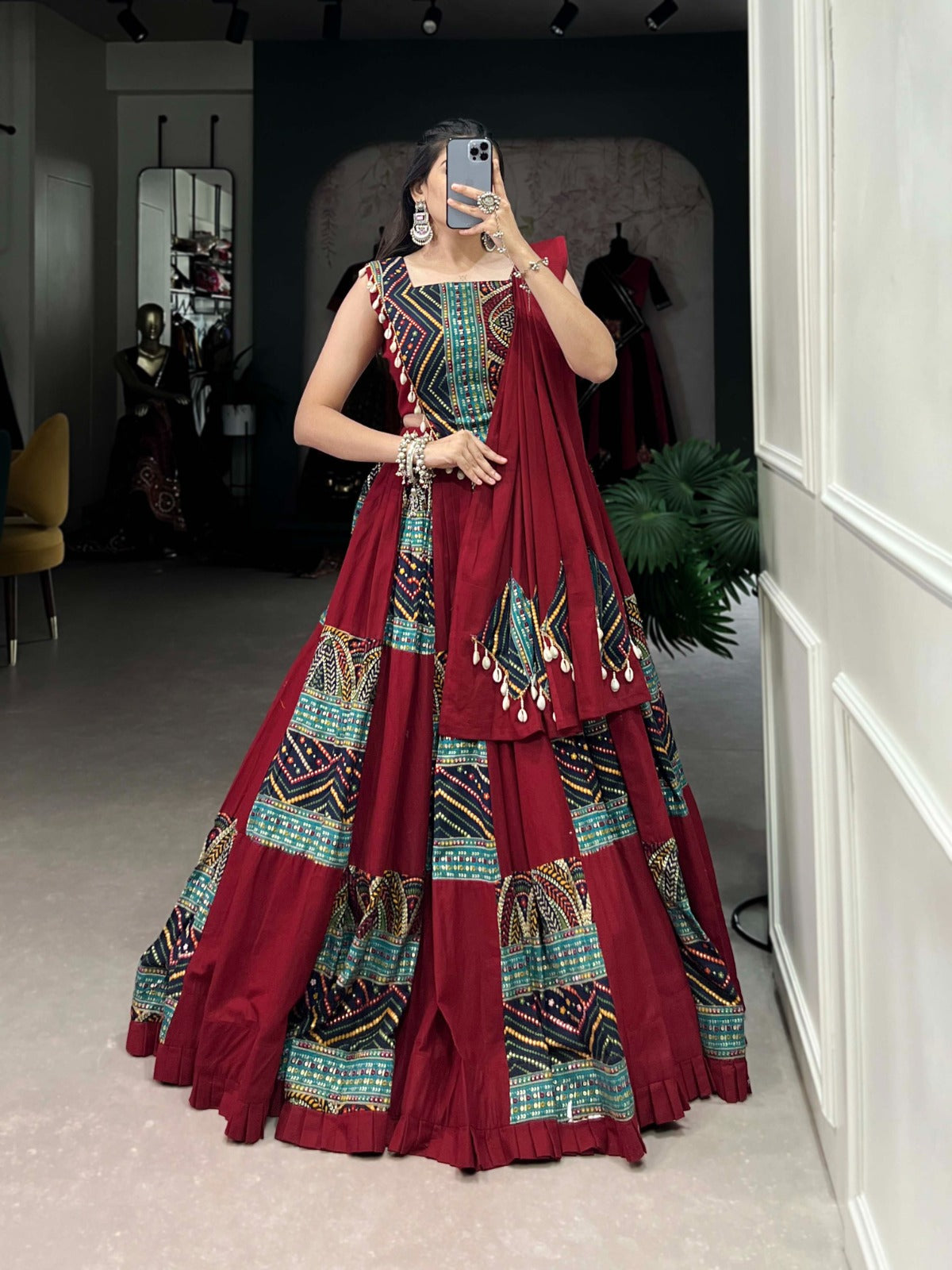 Maroon Cotton Printed Lehenga Choli