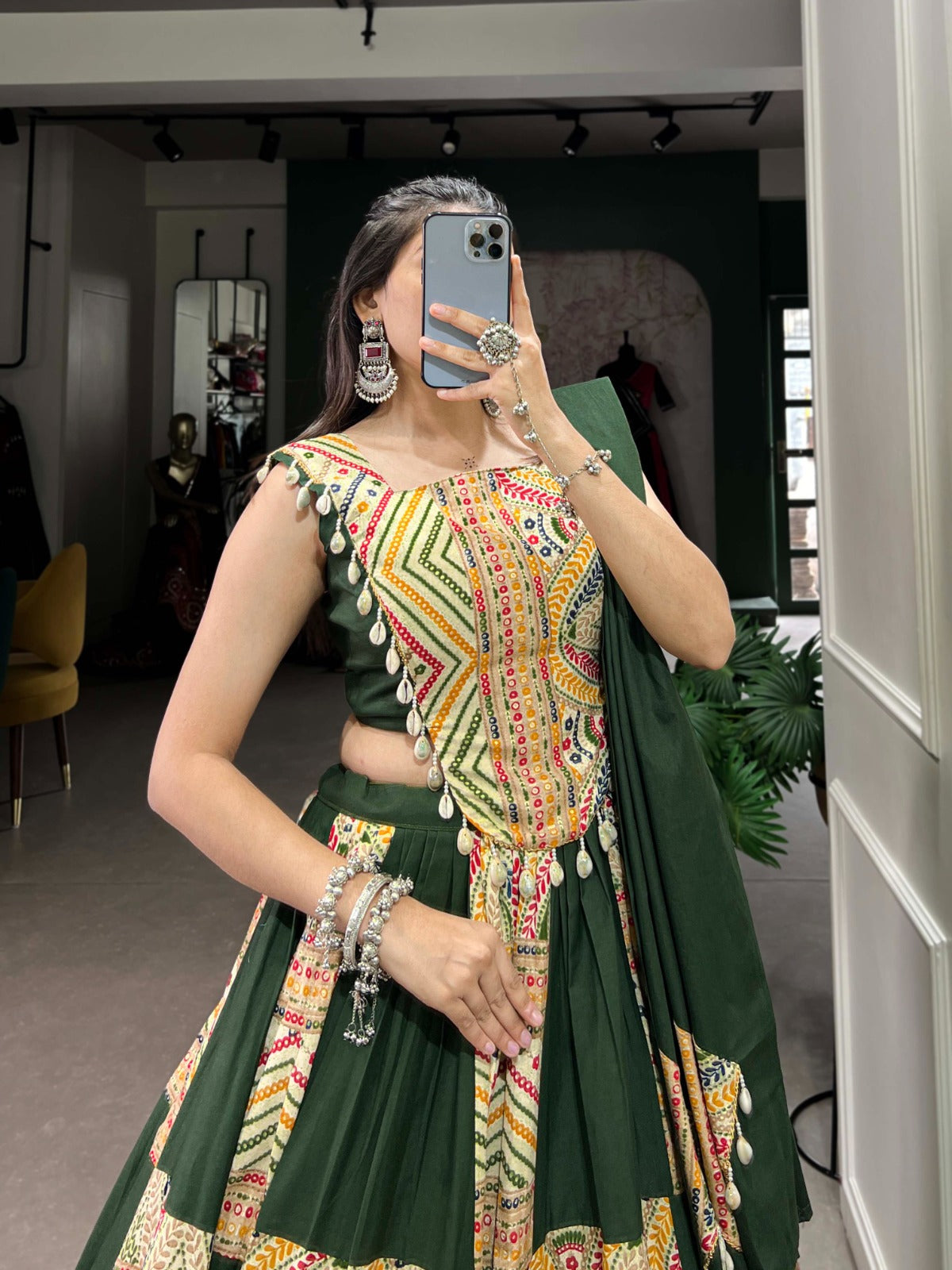 Green Cotton Printed Lehenga Choli