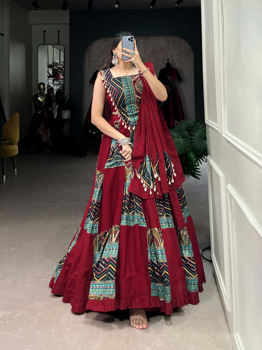 Maroon Cotton Printed Lehenga Choli