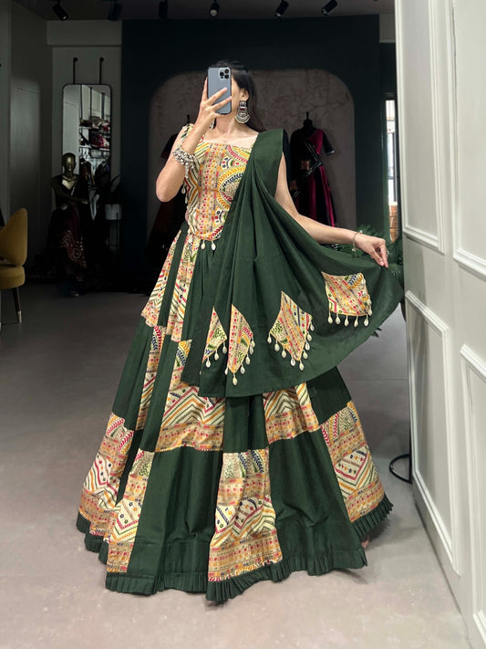 Green Cotton Printed Lehenga Choli