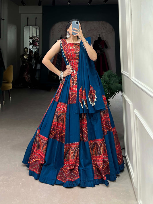 Blue Cotton Printed Lehenga Choli