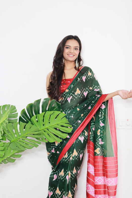 Green-Red  Cotton Printed Saree