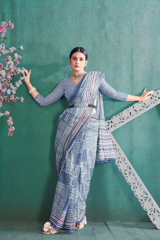 Blue Cotton Mul Printed Saree