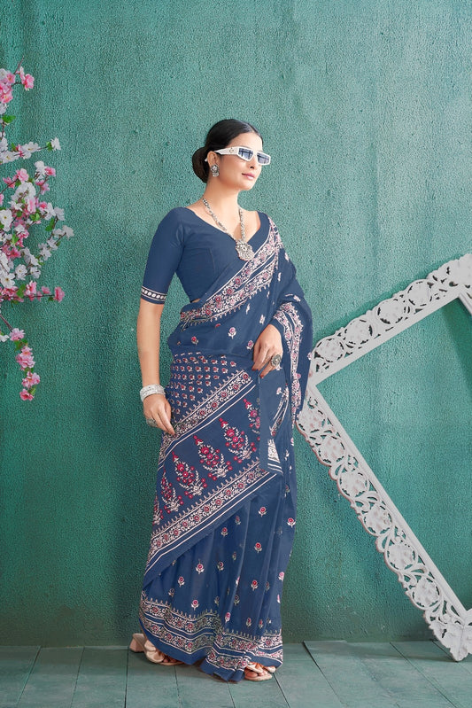 Navy Blue Cotton Mul Printed Saree