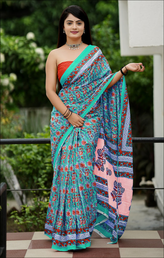 Teal Blue Cotton Mul Printed Saree