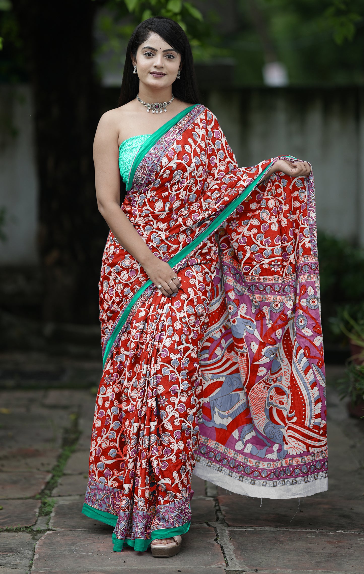 Red Cotton Mul Printed Saree