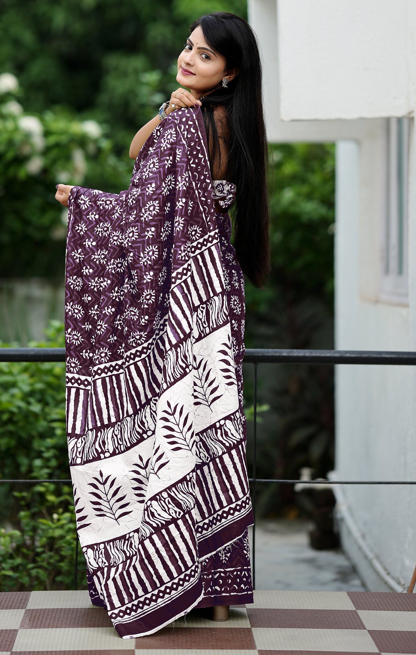 Wine Cotton Mul Printed Saree