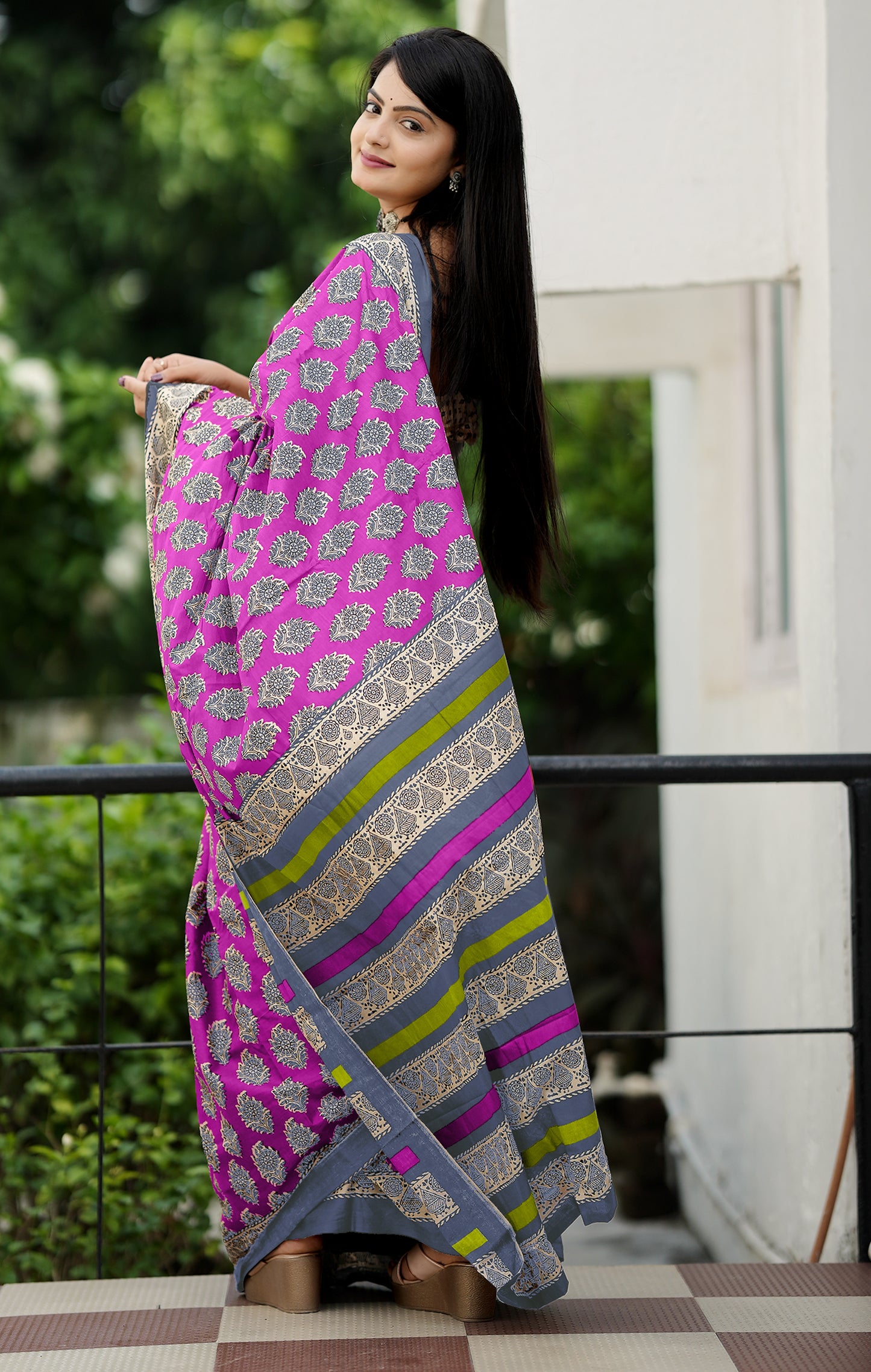 Purple Cotton Mul Printed Saree