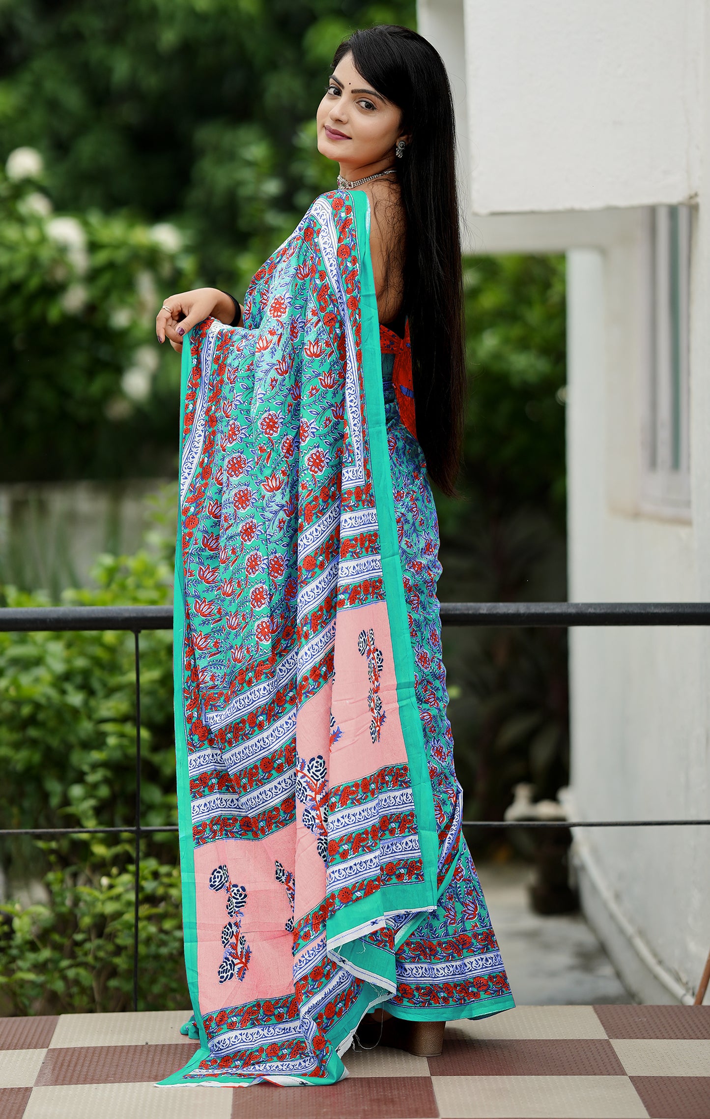 Teal Blue Cotton Mul Printed Saree