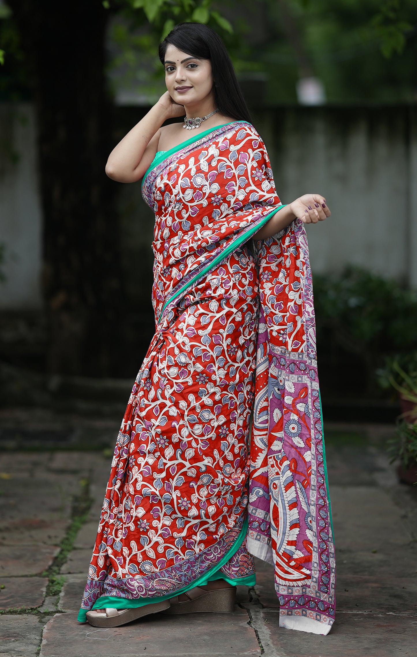 Red Cotton Mul Printed Saree