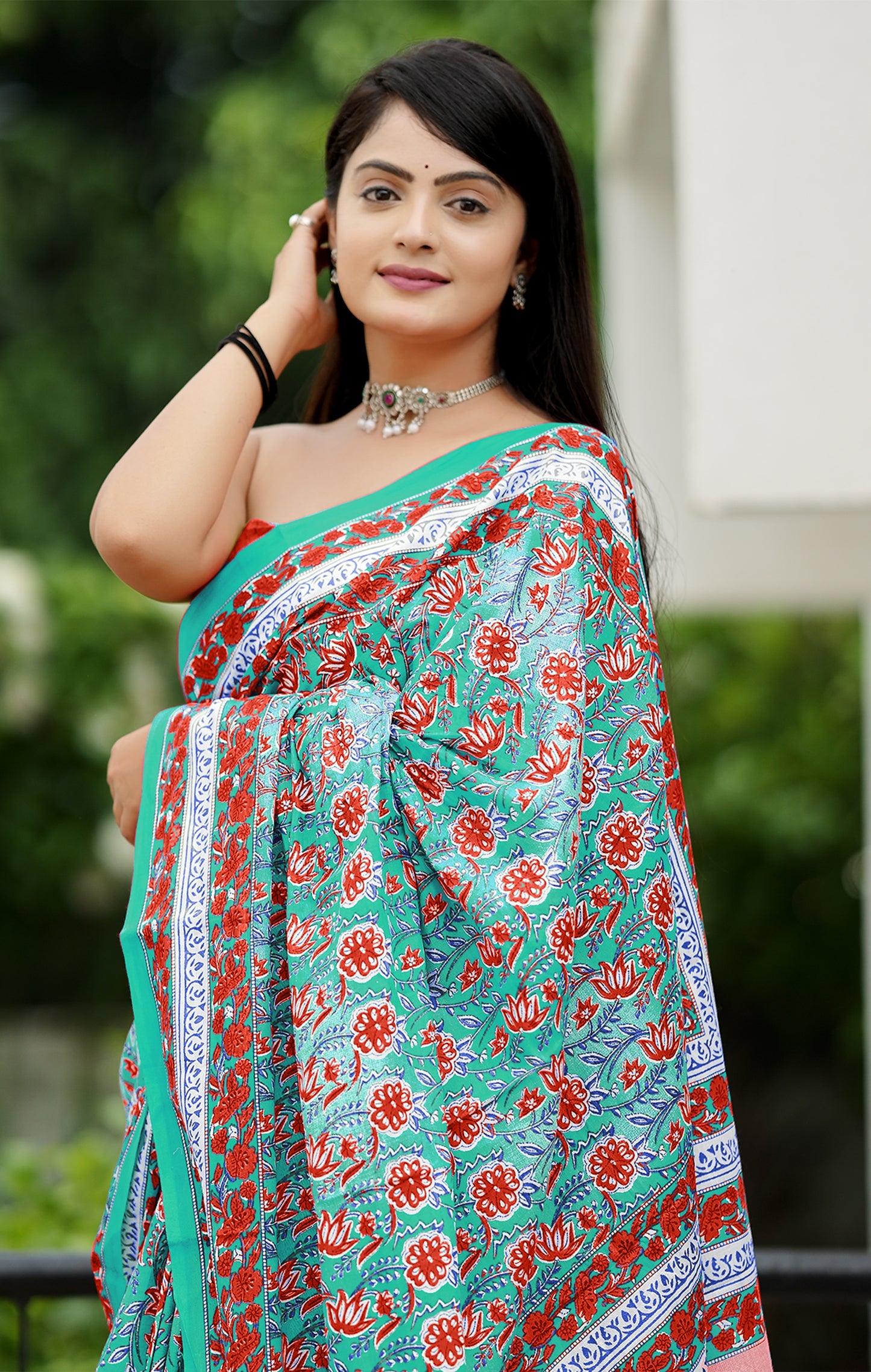 Teal Blue Cotton Mul Printed Saree