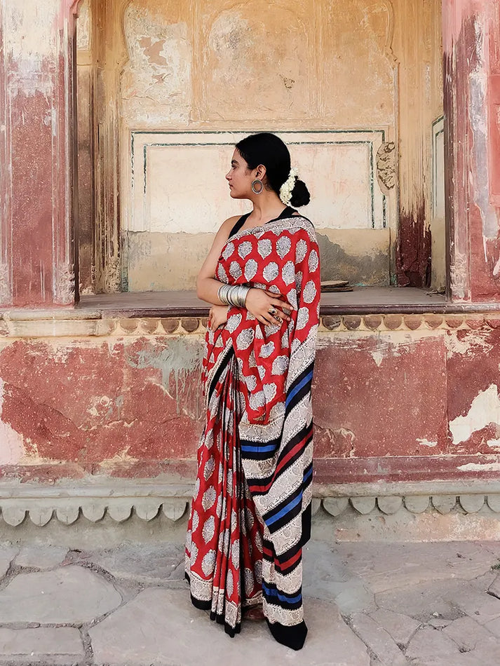 Red Cotton Mul Printed Saree