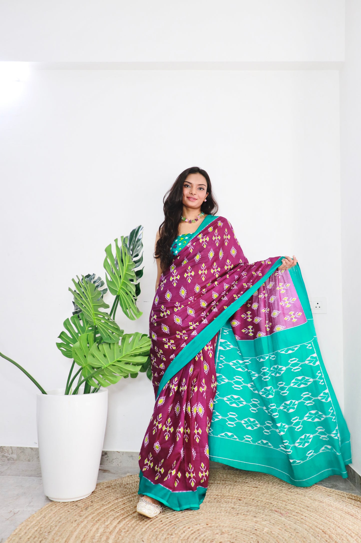 Wine-Mint Green Cotton Printed Saree