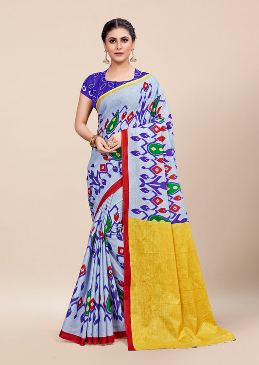 Yellow-Blue Cotton Mul Printed Saree