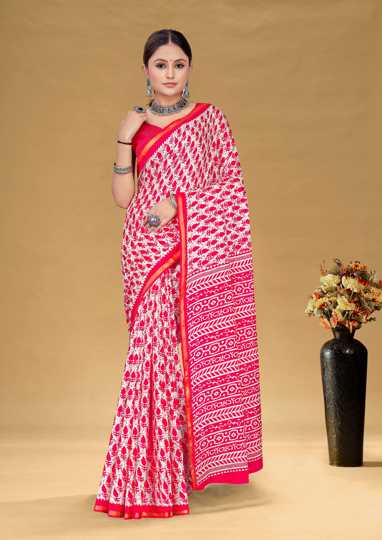 Cherry Red  Cotton Mul Printed Saree