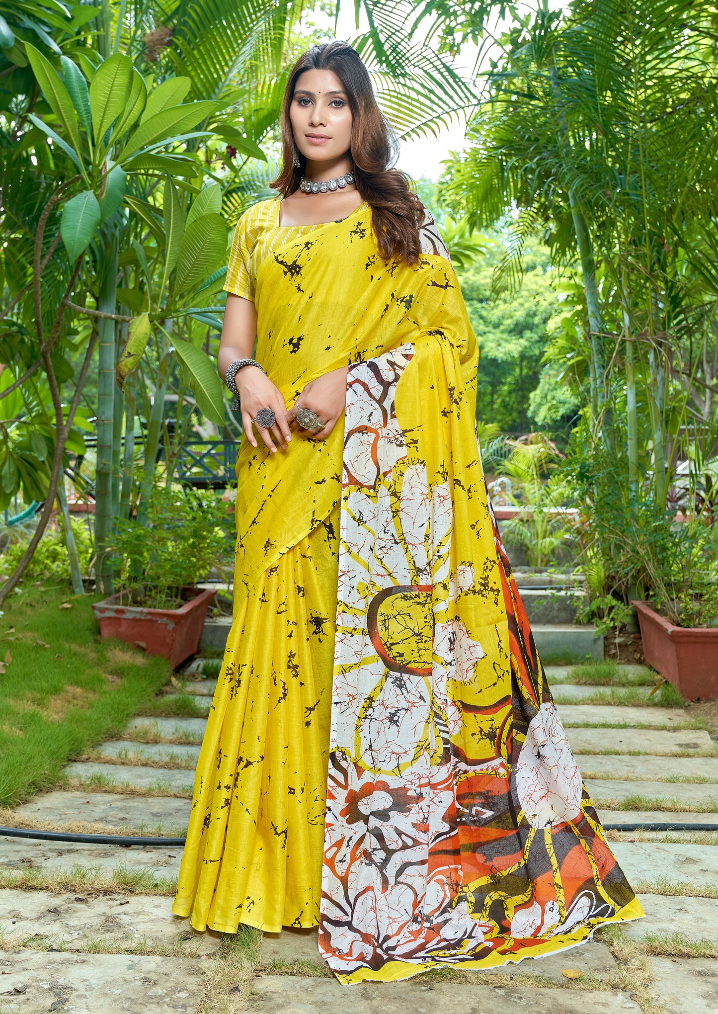 Yellow Cotton Mul Printed Saree