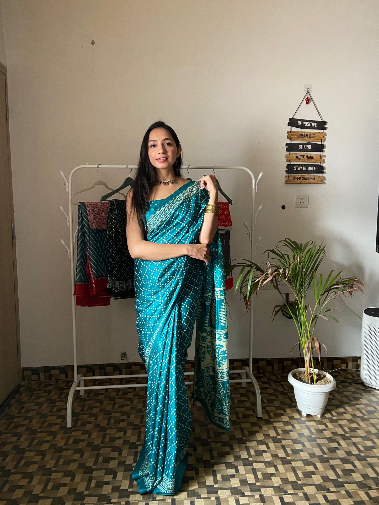 Teal Blue Cotton Printed Saree