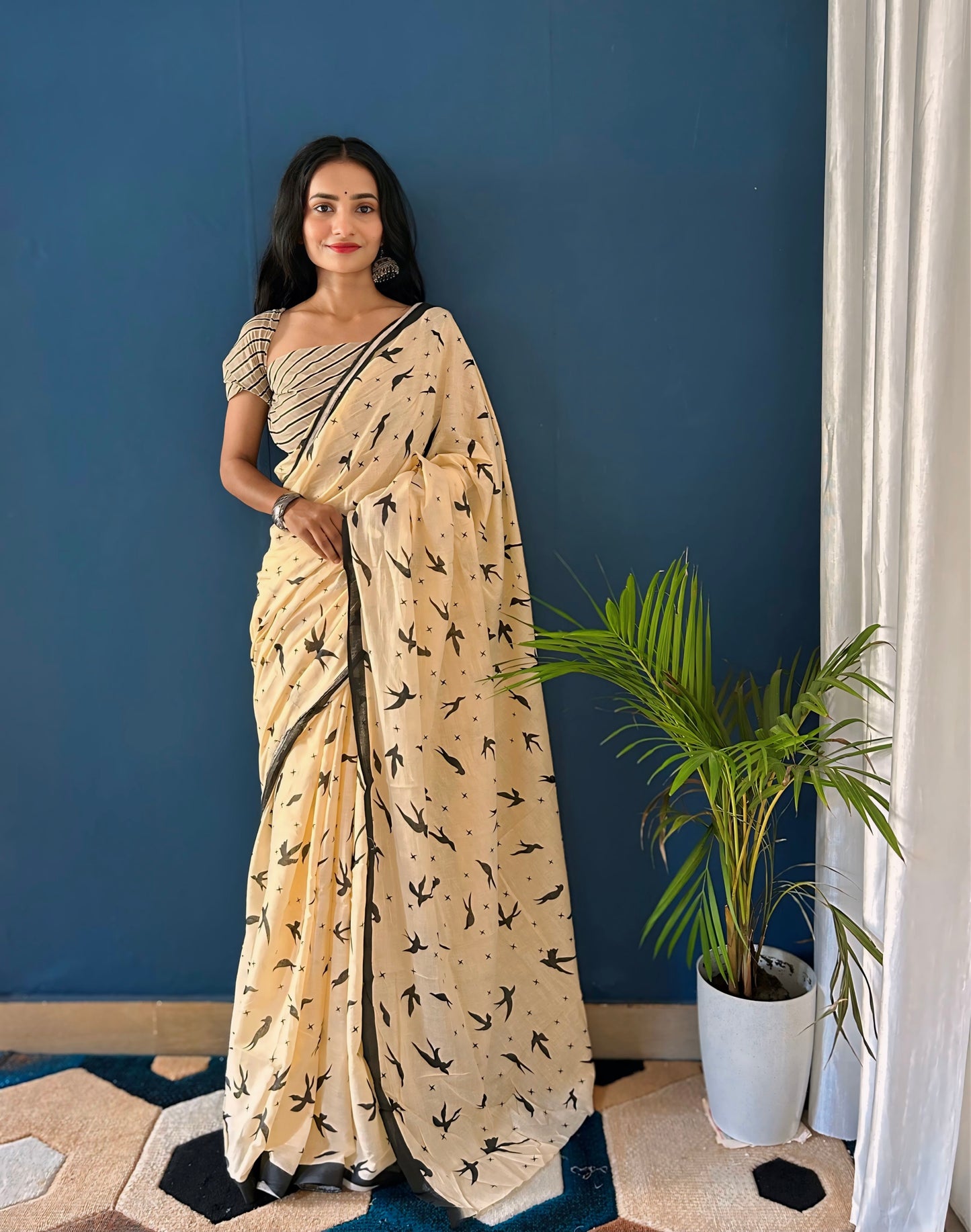 Beige Cotton Mul Printed Saree