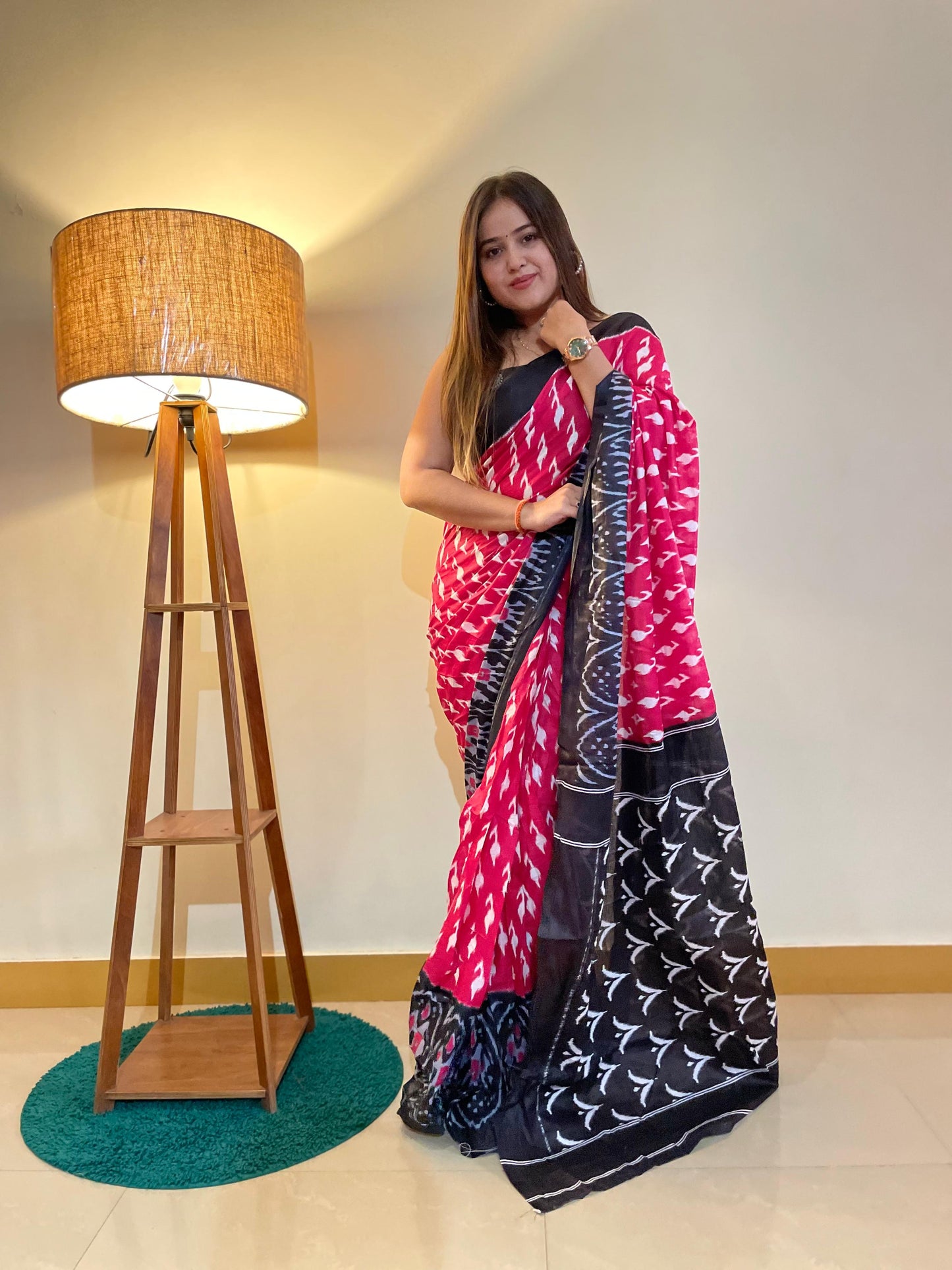 Pink-Black Cotton Mul Printed Saree