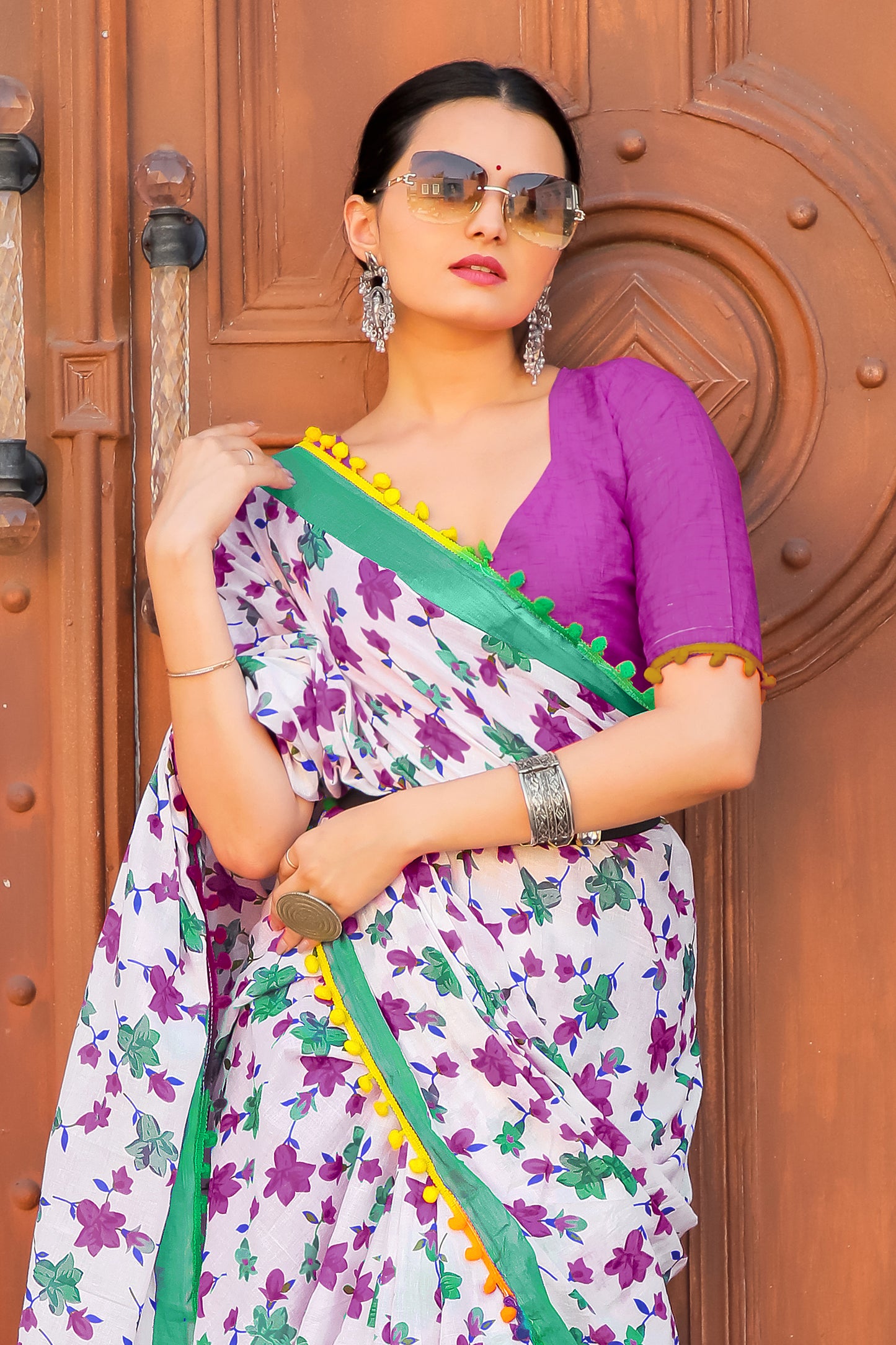 White-Purple Cotton Mul Printed Saree