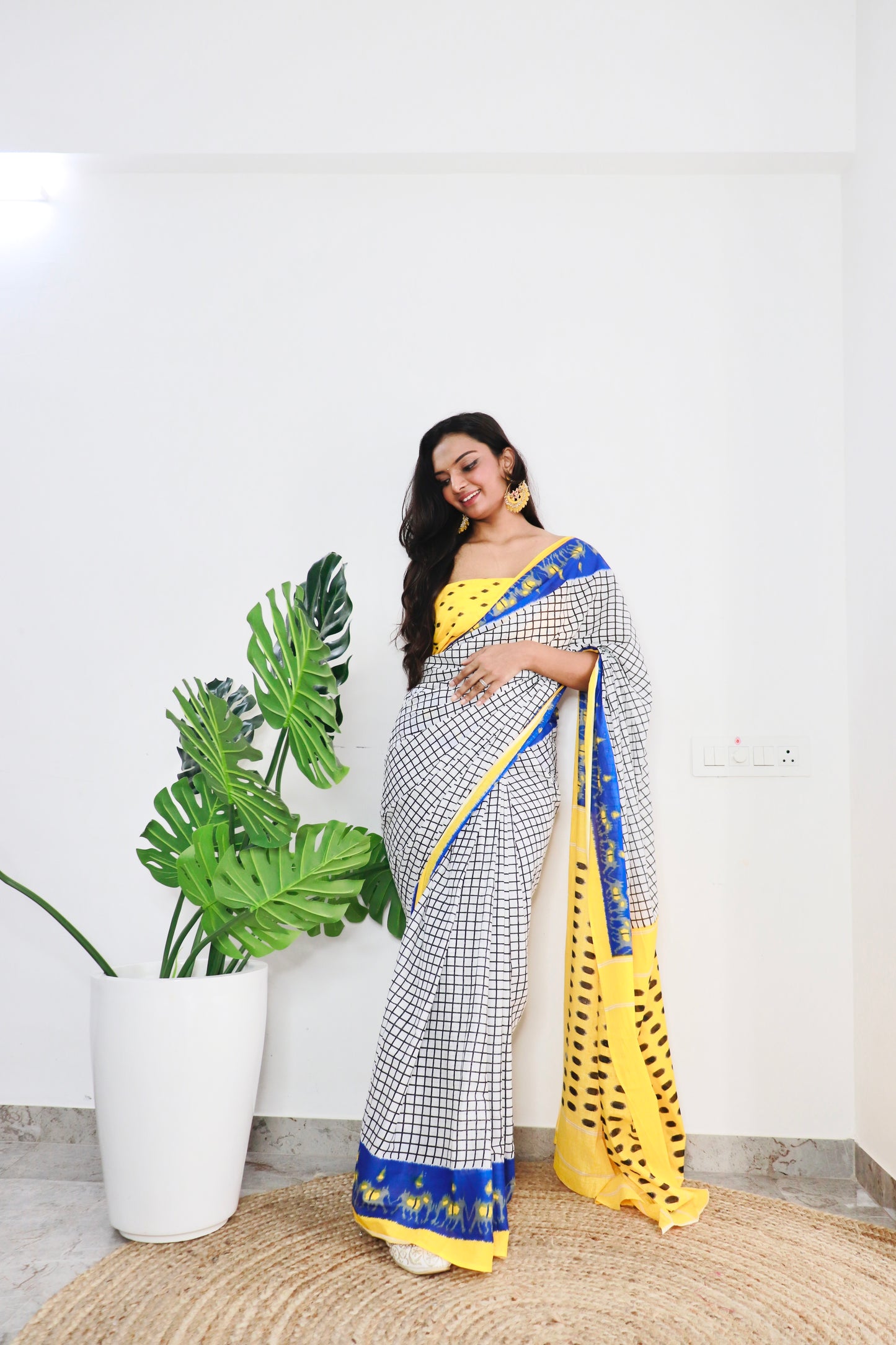 Yellow-White Cotton Printed Saree