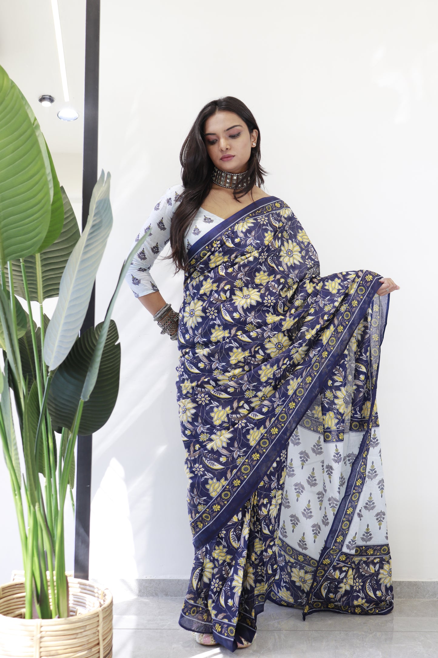 Blue Cotton Printed Saree