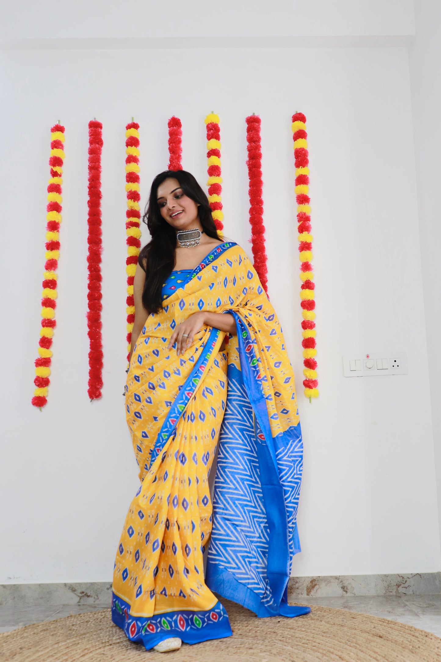 Yellow-Sky Cotton Mul Printed Saree