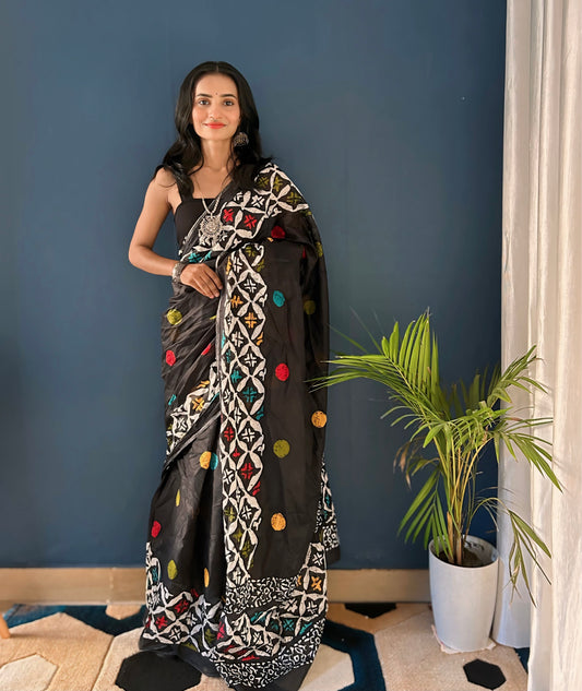 Traditional Black Cotton Mul Printed Saree