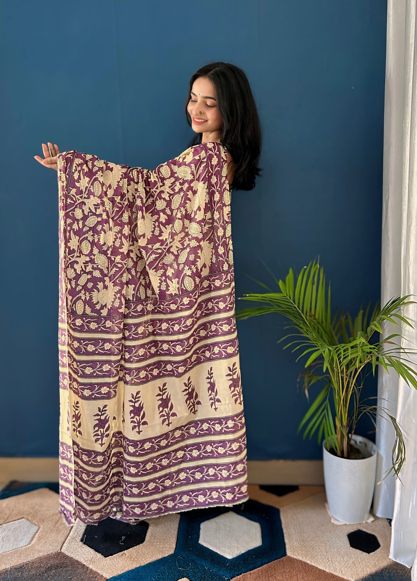 Creamy-Wine Cotton Mul Printed Saree