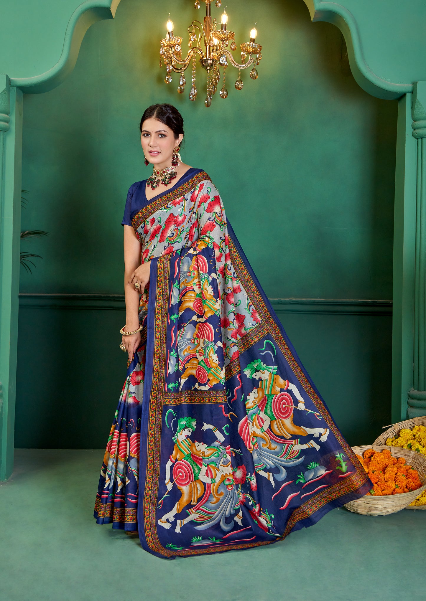 Blue Cotton Mul Printed Saree