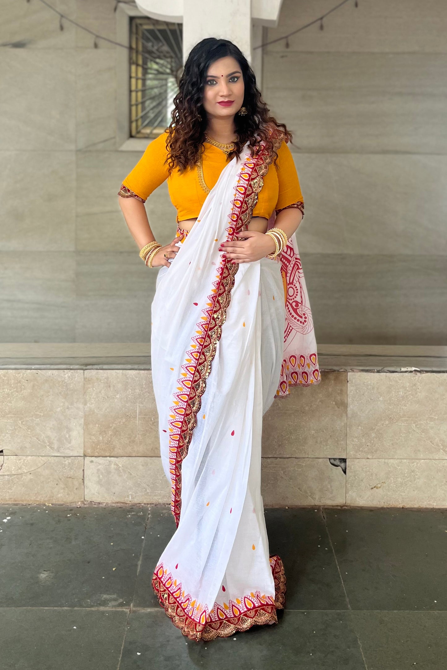 White-Yellow Cotton Mul Printed Saree