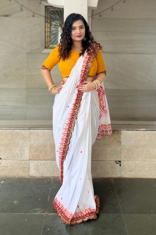 White-Yellow Cotton Mul Printed Saree