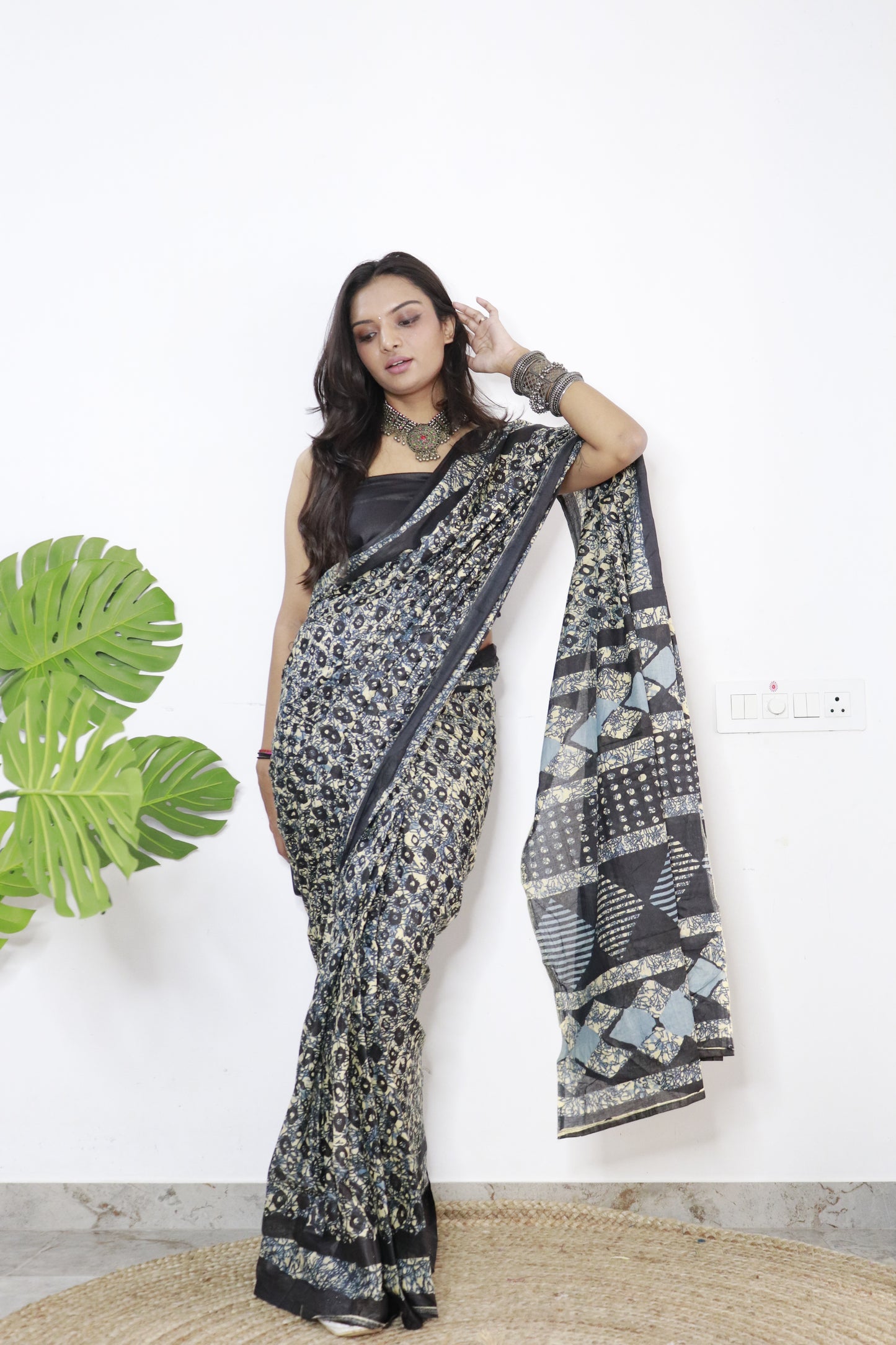 Black Cotton Printed Saree