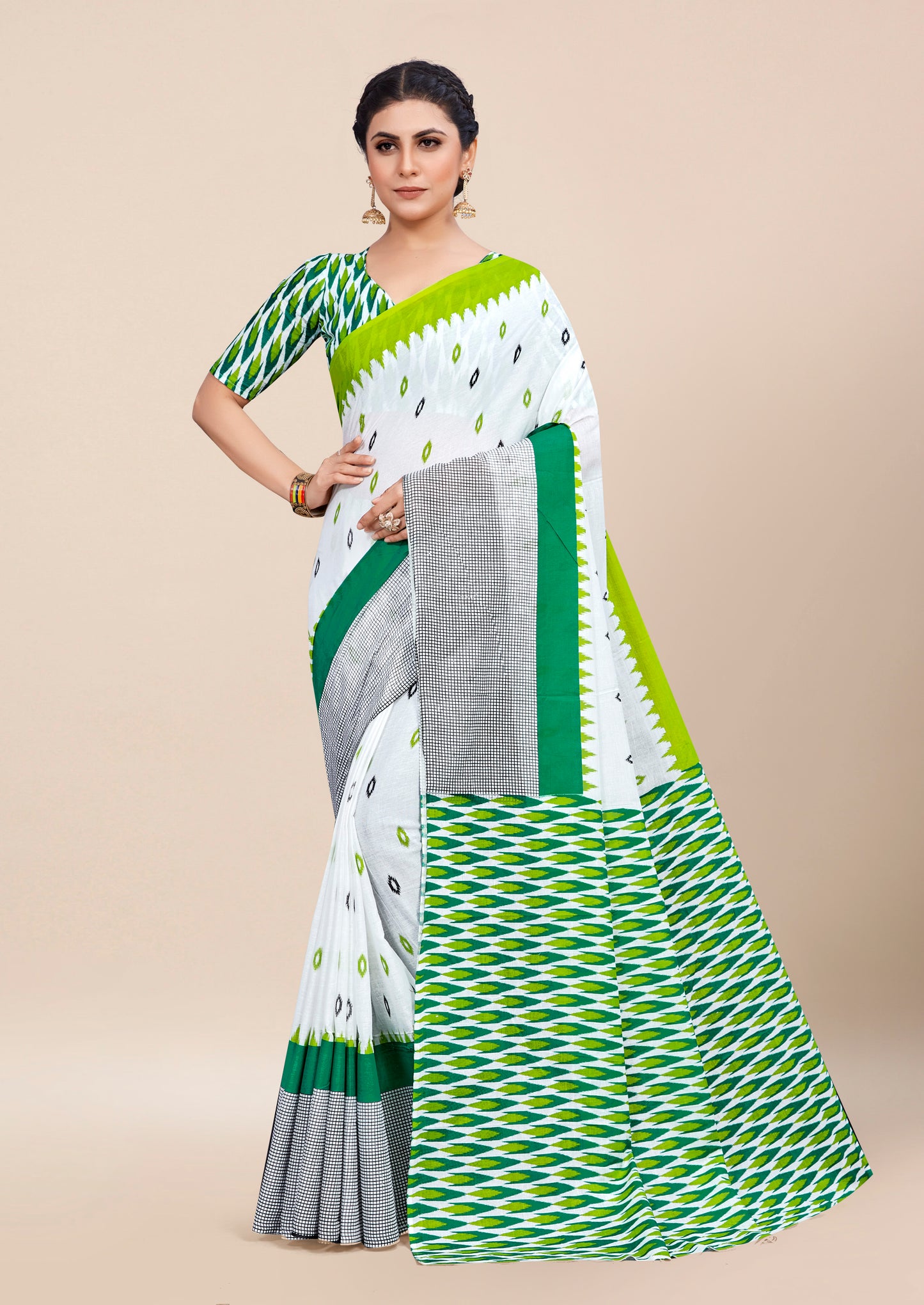 Green-White Cotton Mul Printed Saree