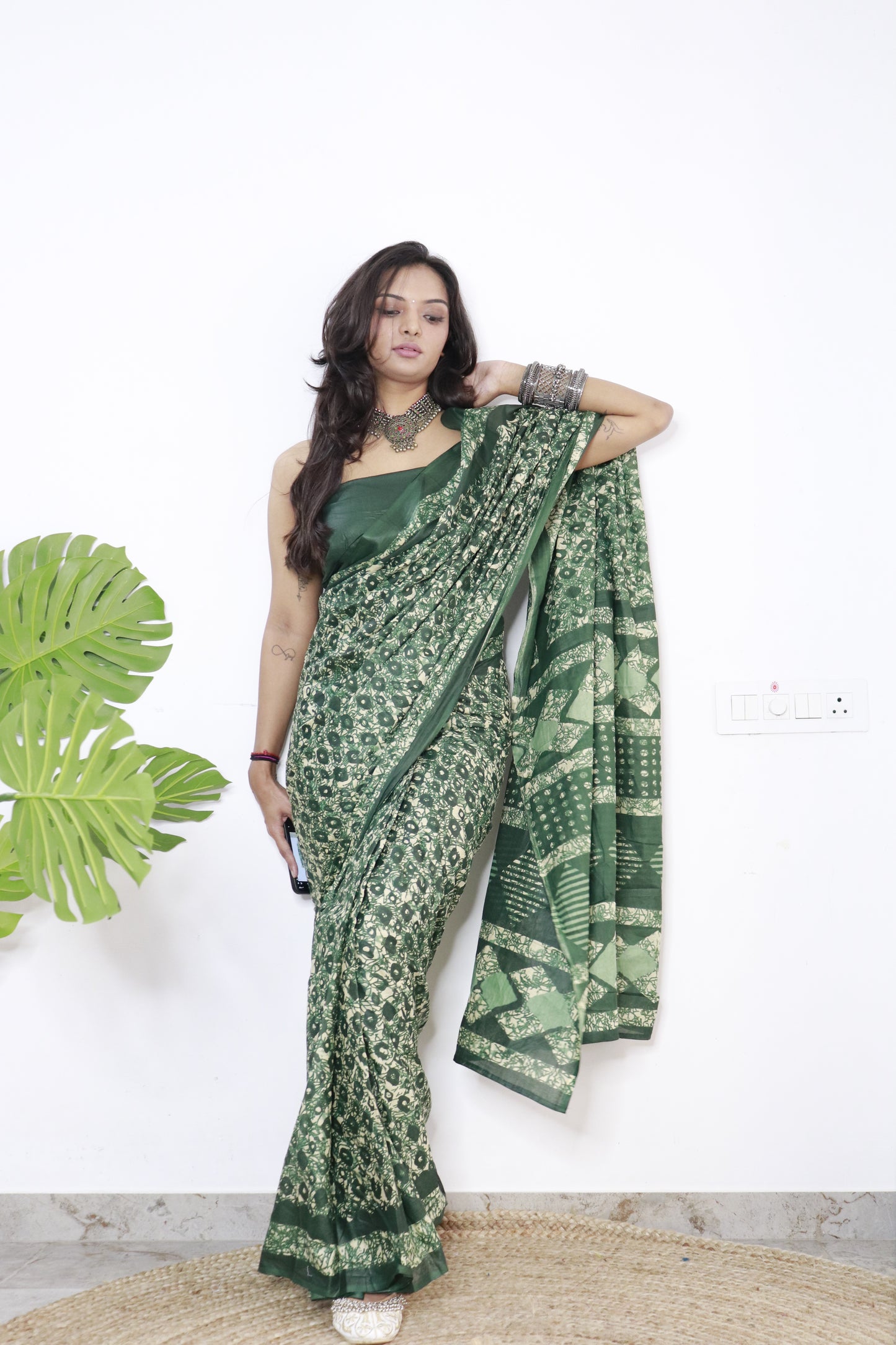 Dark Green Cotton Printed Saree