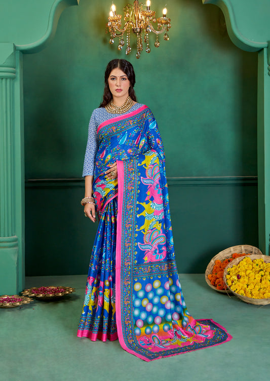 Blue Cotton Mul Printed Saree