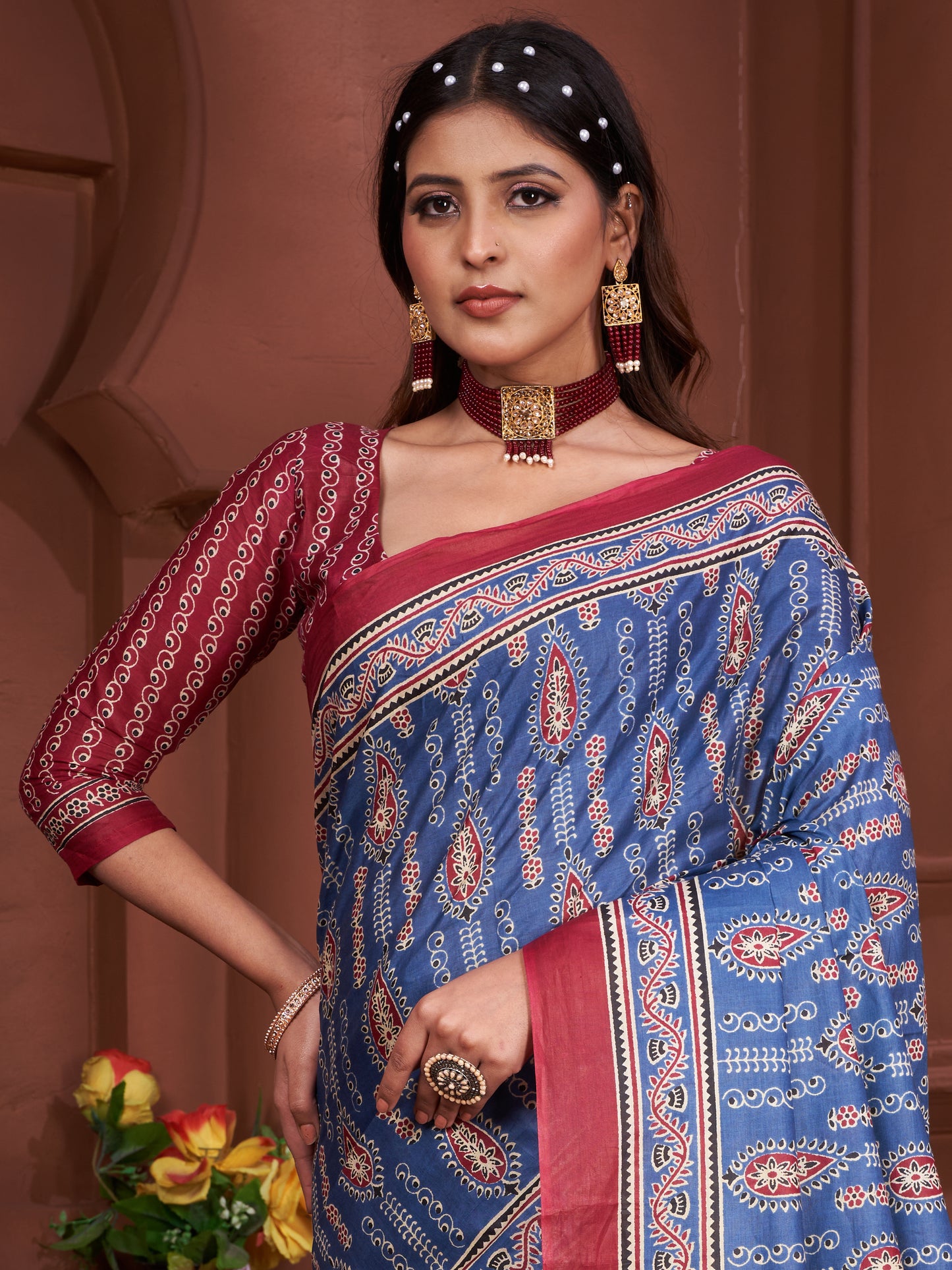 Blue Cotton Mul Printed Saree