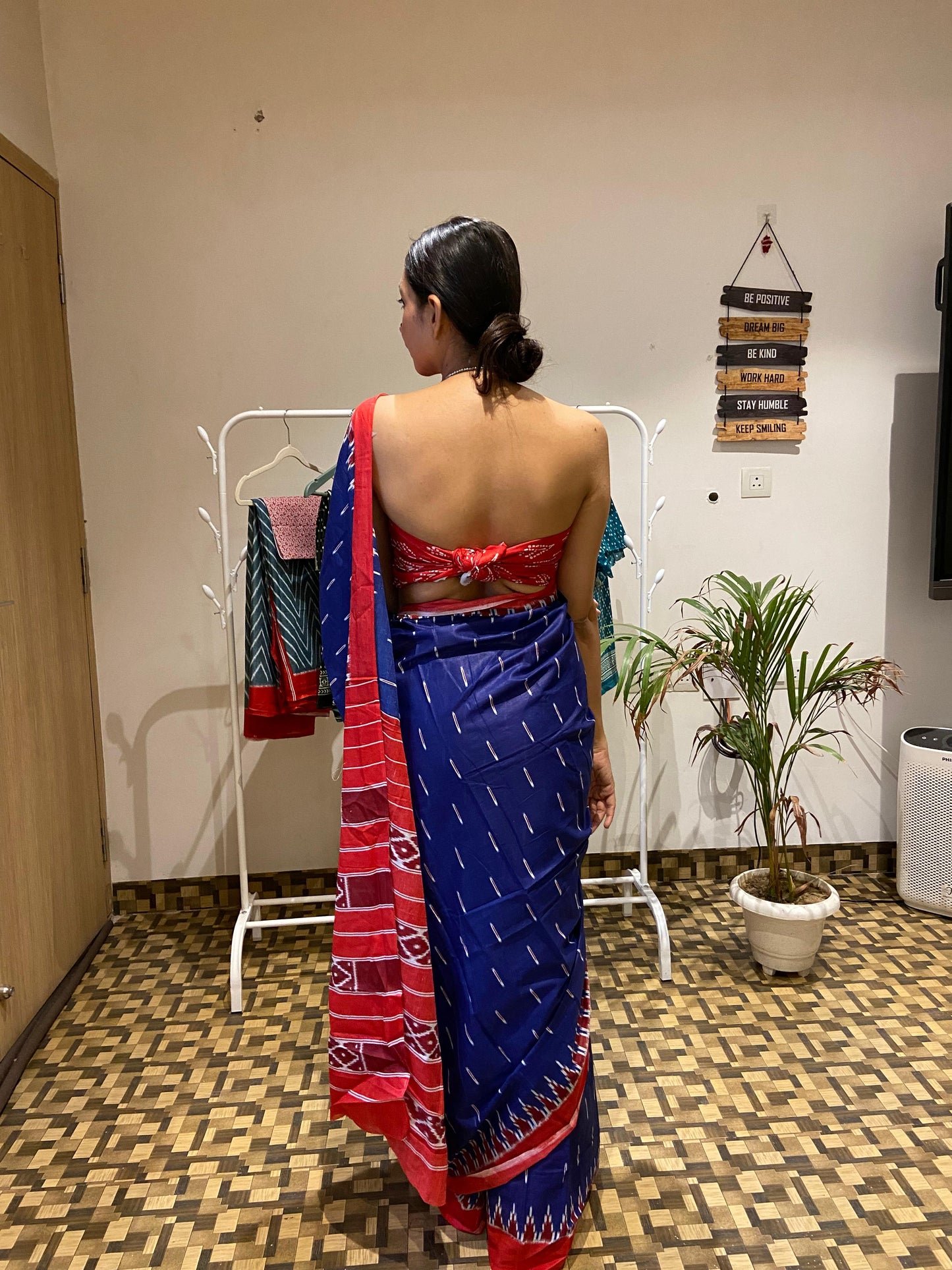 Blue-Red Cotton Printed Saree