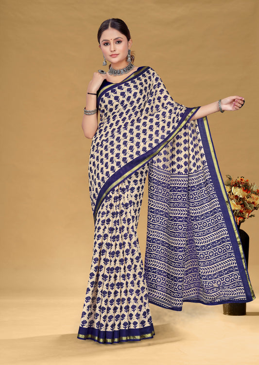 Navy Blue Cotton Mul Printed Saree