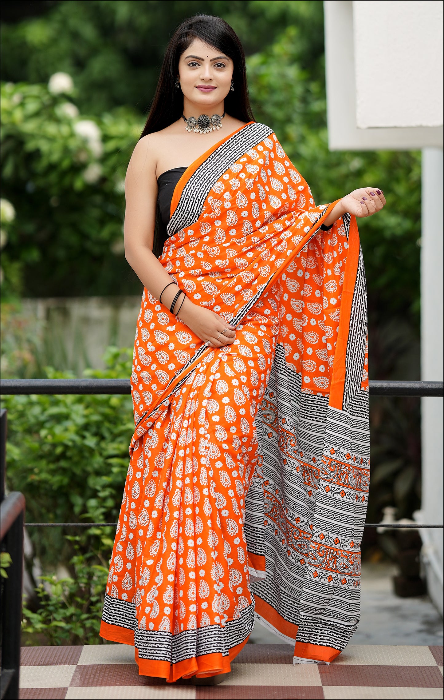 Orange Cotton Mul Printed Saree