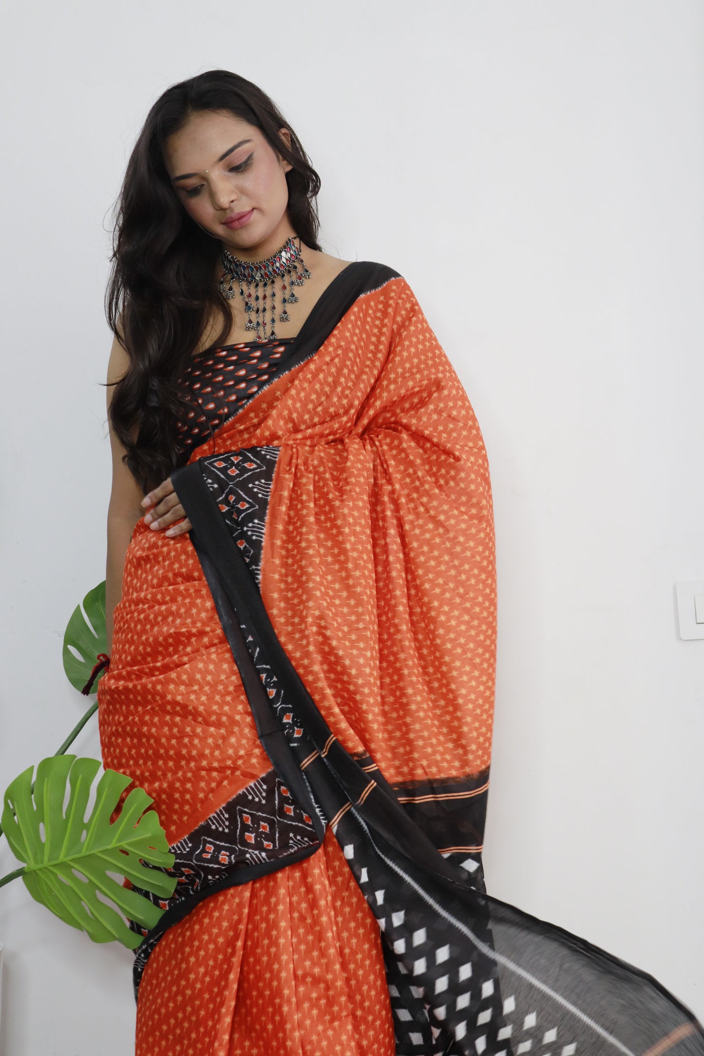 Orange-Black Cotton Printed Saree