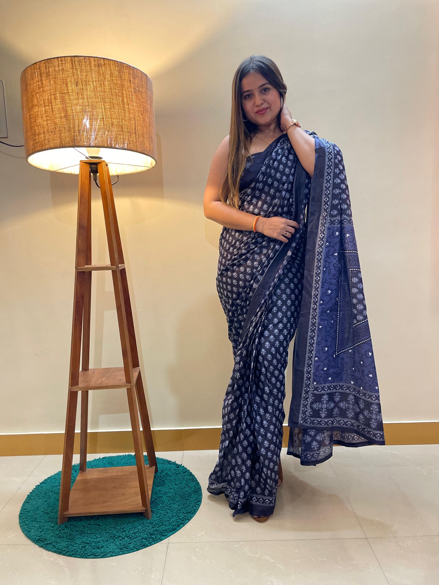 Blue Cotton Mul Printed Saree