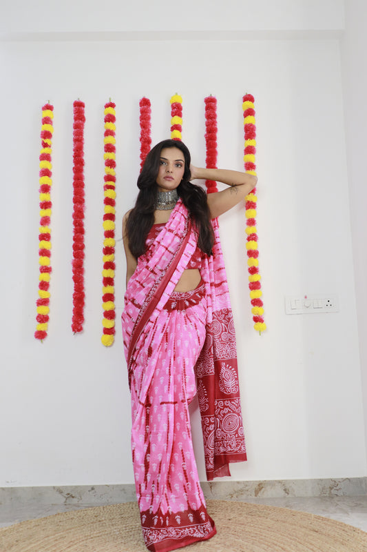 Pink Cotton Mul Printed Saree