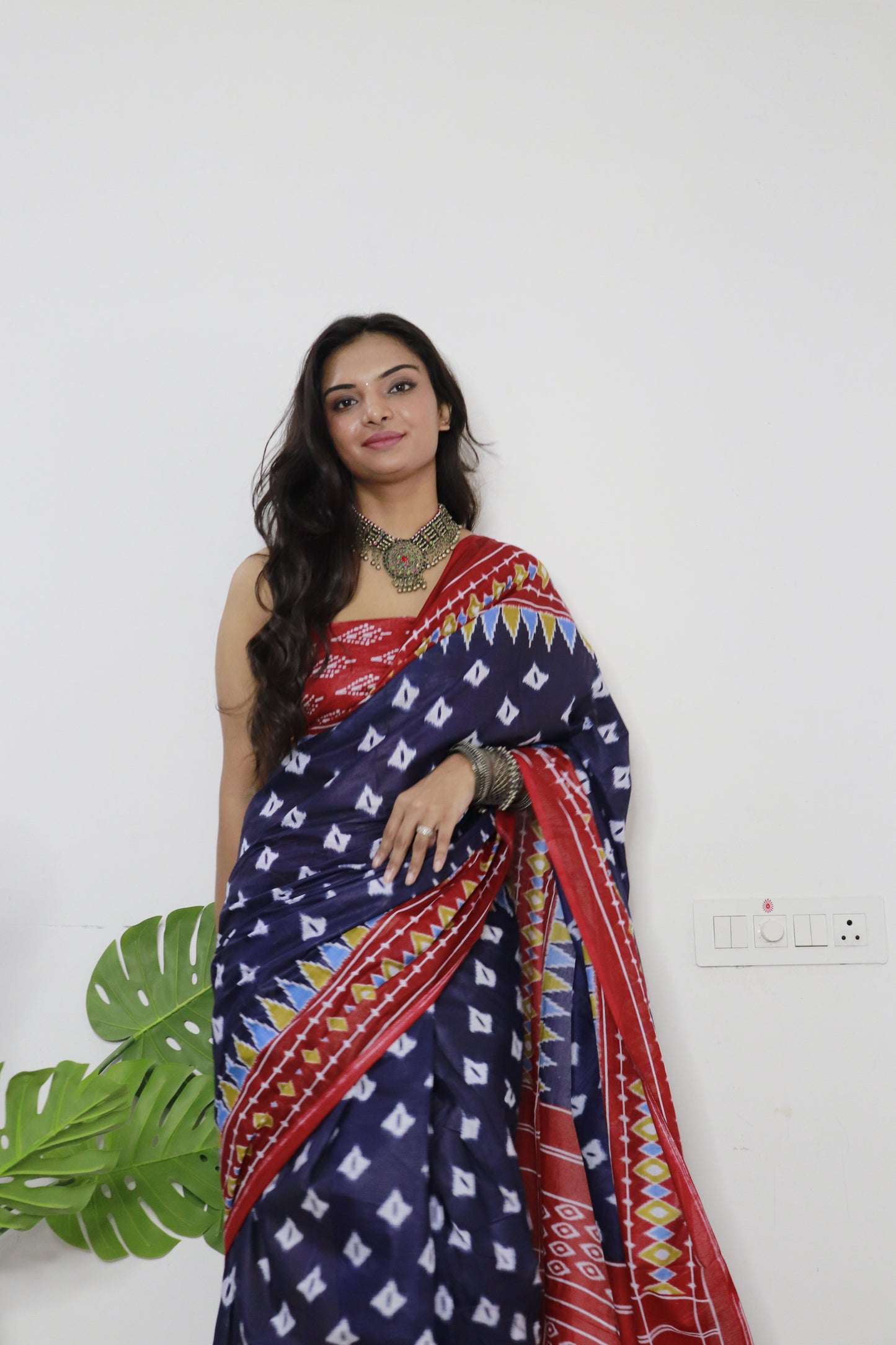 Blue-Red Cotton Printed Saree