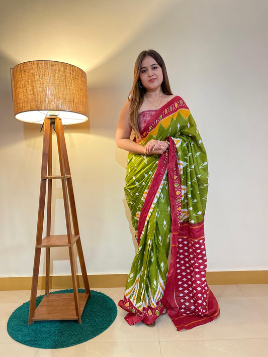 Green-Red Cotton Mul Printed Saree