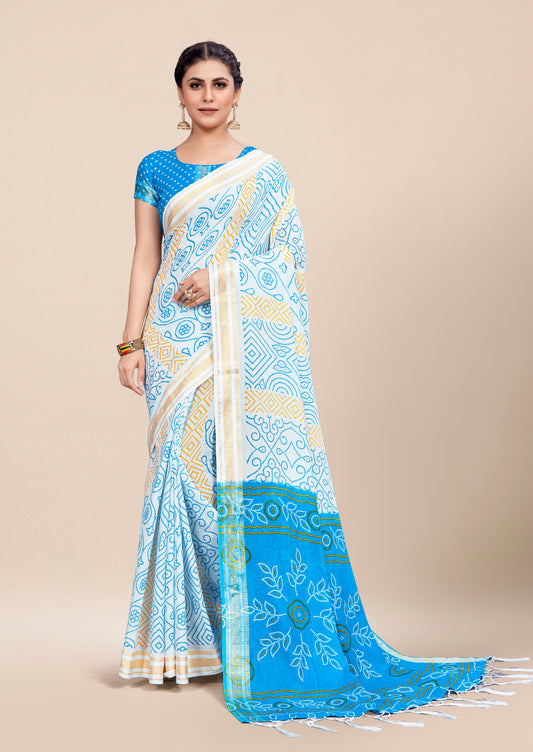 White-Sky Cotton Mul Printed Saree