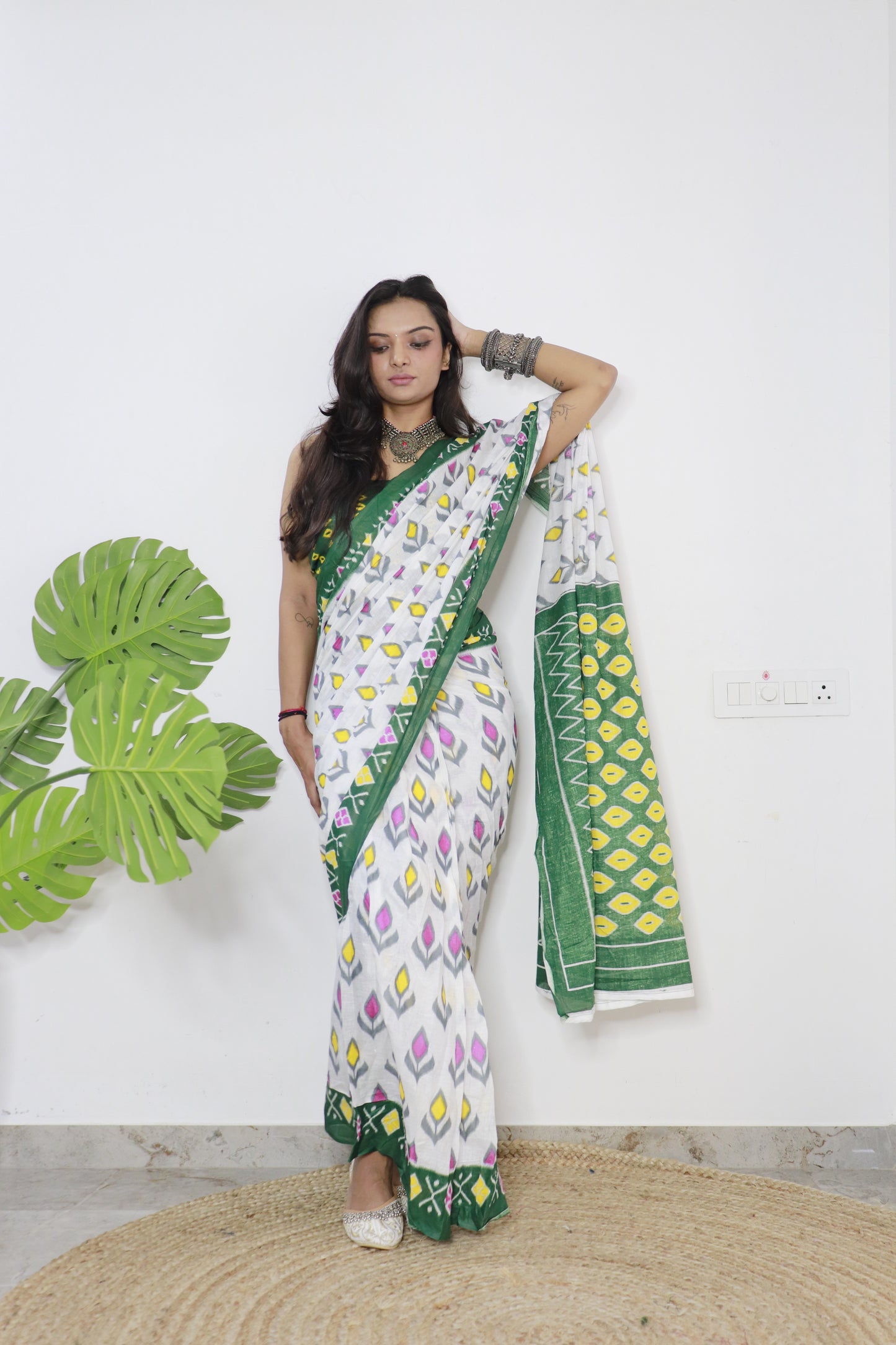 White-Green Cotton Printed Saree