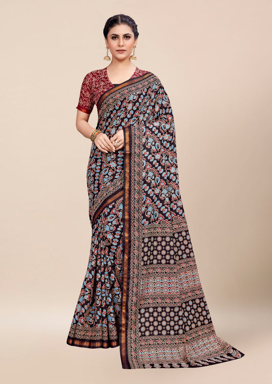 Brown Cotton Mul Printed Saree